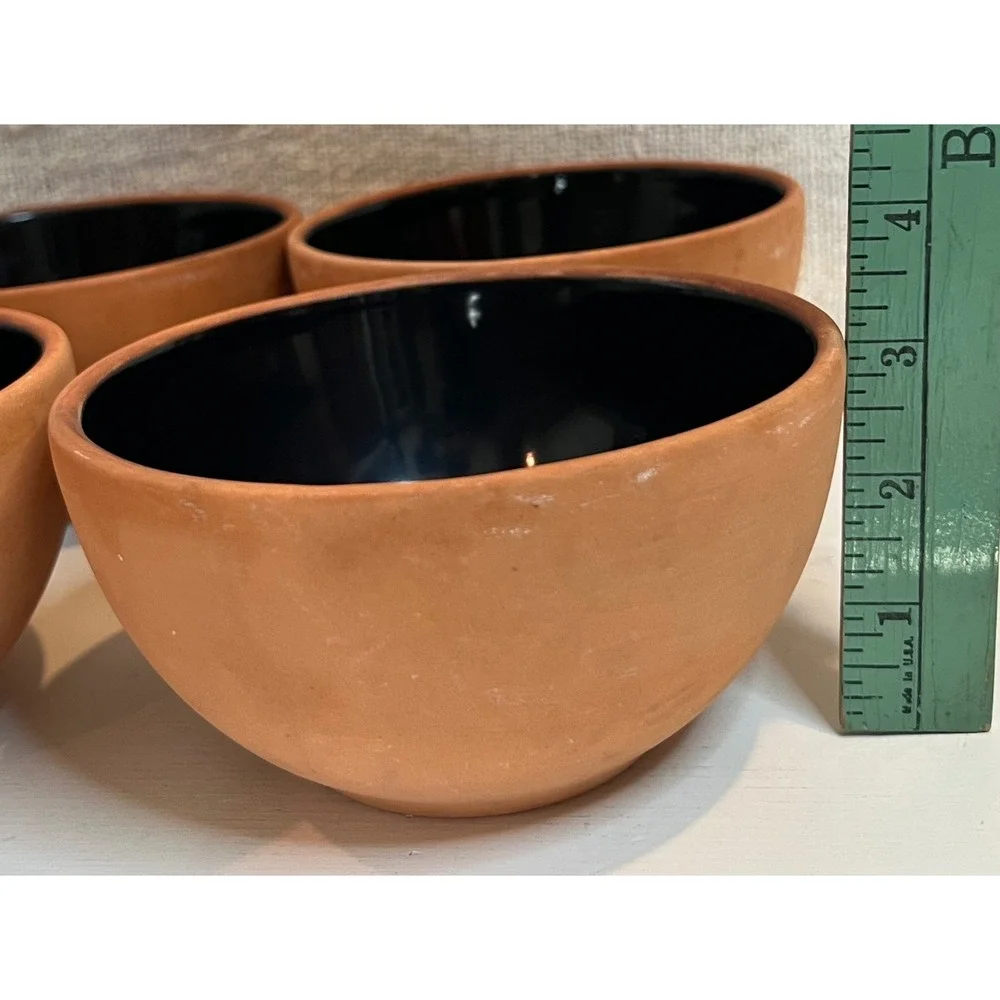 Set of 4 Romertopf Terra Rosa Reco Terracotta Bowls Black Glazed Interior Mexico